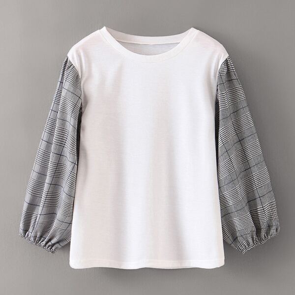 Contrast Tartan Bishop Sleeve Blouse, White