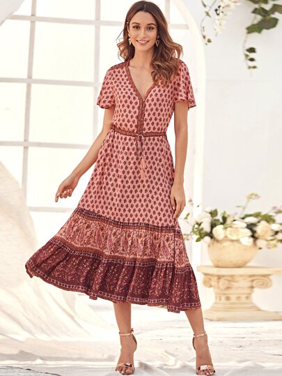 Paisley & Floral Print Tassel Drawstring Babydoll Dress