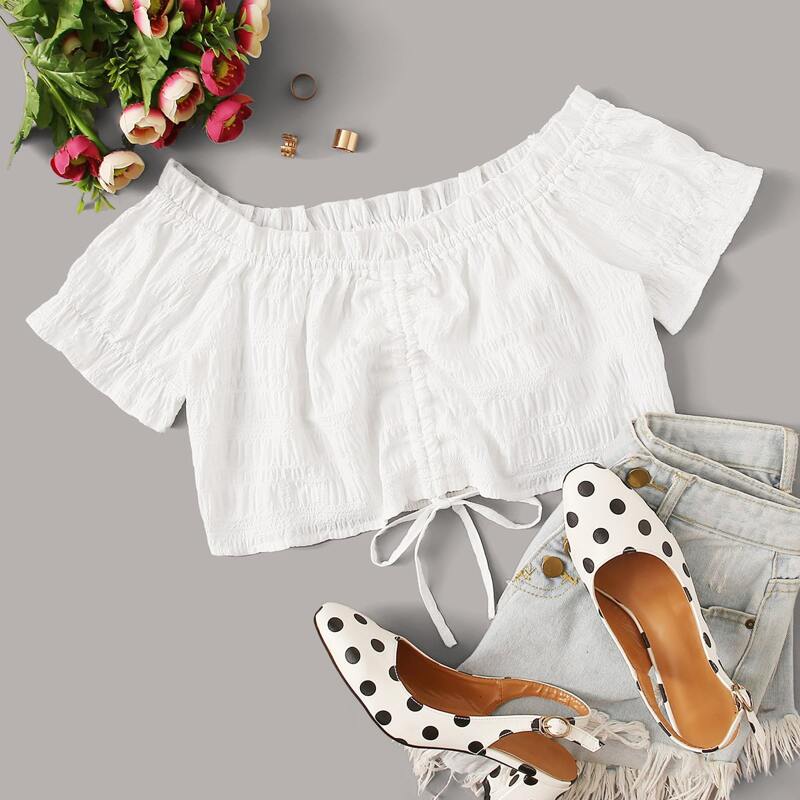 

Off Shoulder Drawstring Crop Top, White
