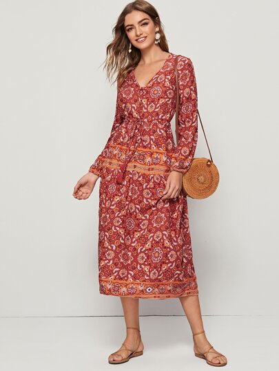 Floral Print Tassel Drawstring Waist Dress