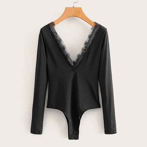 

Contrast Lace Deep Plunge Bodysuit, Black
