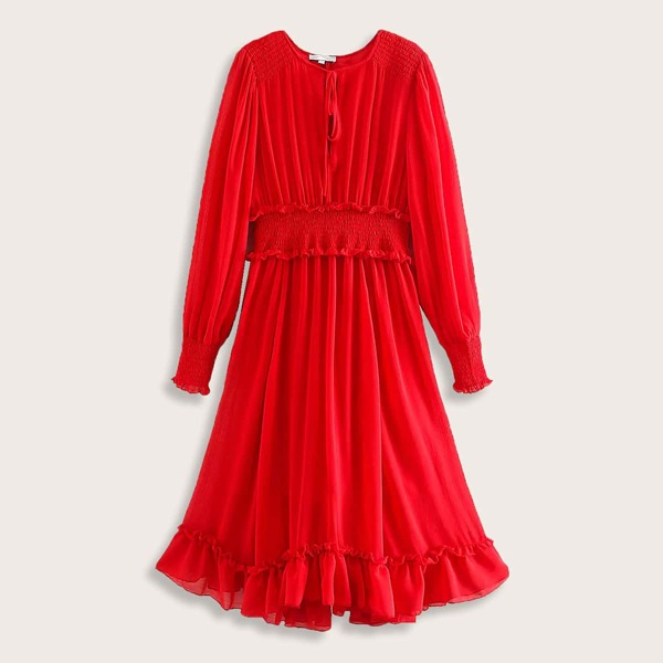 

Solid Shirred Tie Neck Chiffon Babydoll Dress, Red bright