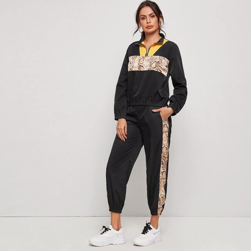 

Contrast Snakeskin Panel Windbreaker Jacket & Sweatpants, Black