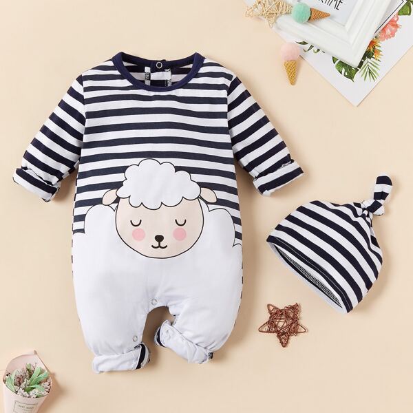 

Baby Girl Striped Sheep Print Popper Jumpsuit With Hat, Multicolor