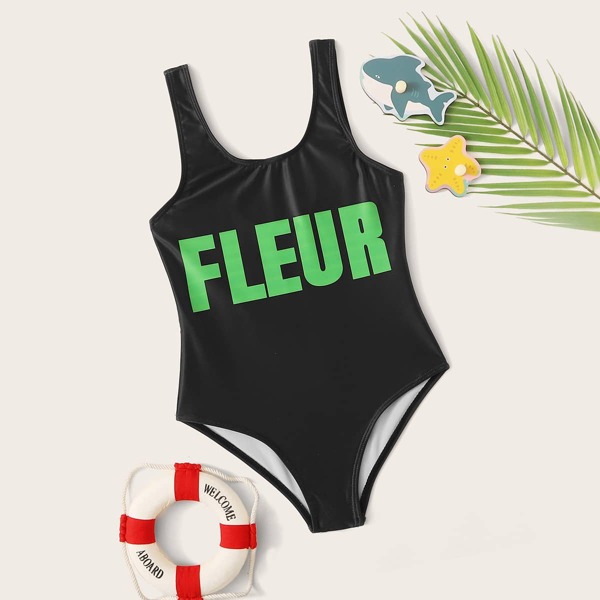 

Girls Letter Graphic One Piece Swimwear, Black