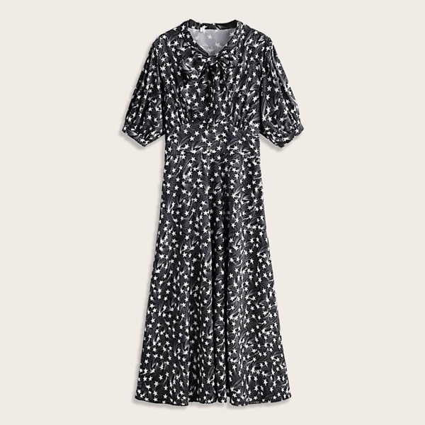 

All Over Star Print Babydoll Dress, Black and white