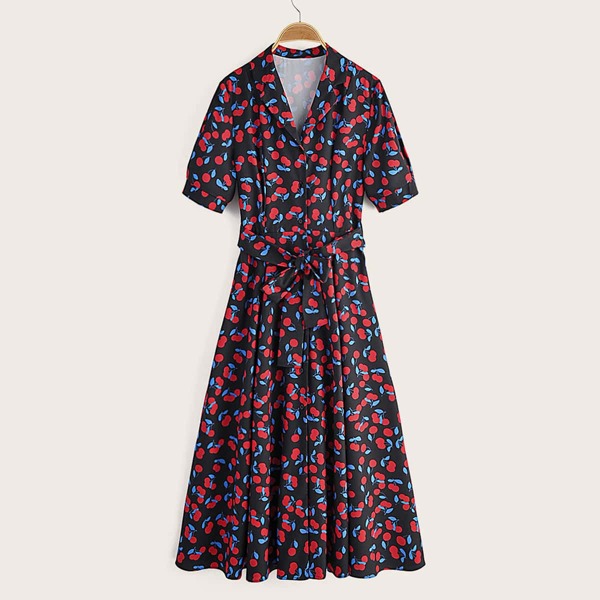 

All Over Cherry Print Belted Shirt Dress, Multicolor