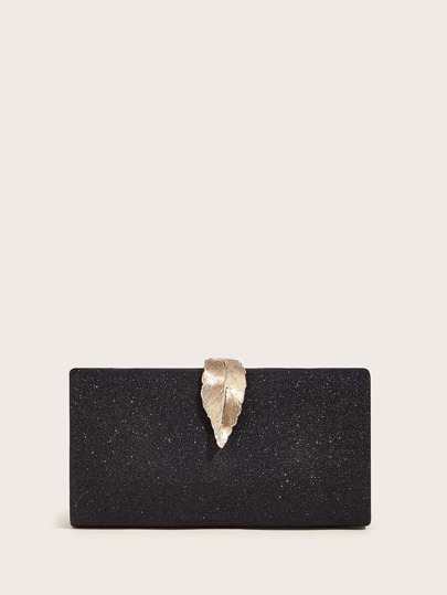 Leaf Design Metal Lock Glitter Clutch Bag