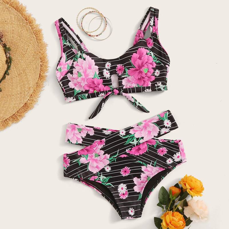 

Floral Random Print Knot Front Bikini Set, Multicolor