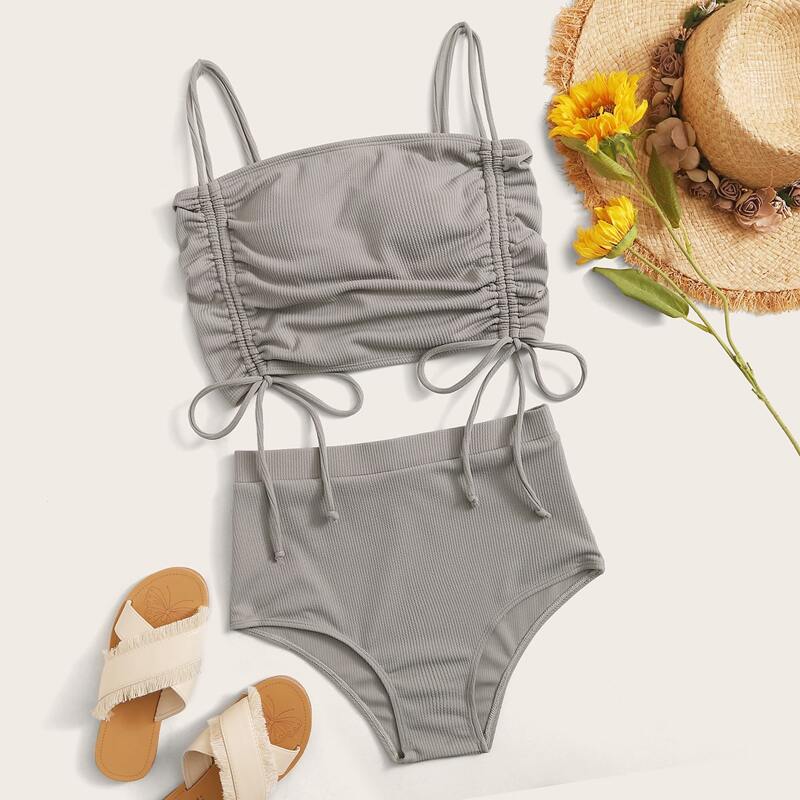 

Rib Drawstring High Waisted Bikini Swimsuit, Grey