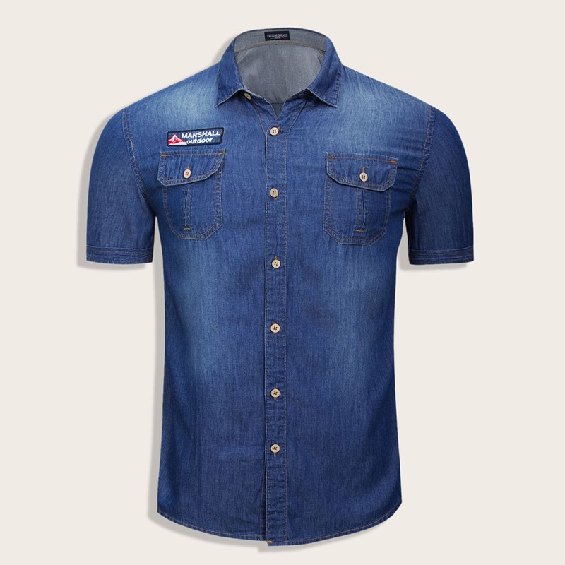 

Guys Flap Pocket Letter Graphic Denim Shirt, Navy