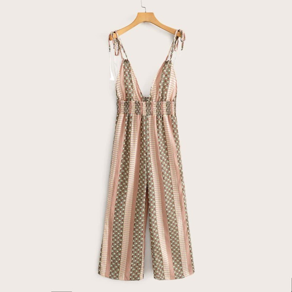 

Floral Print Striped Knotted Cami Jumpsuit, Multicolor
