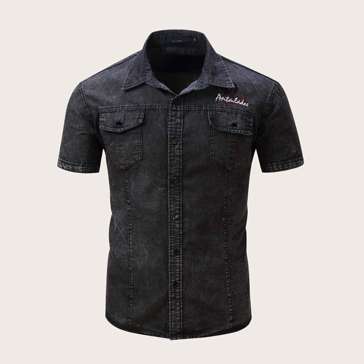 

Guys Flap Pocket Letter Embroidery Denim Shirt, Black