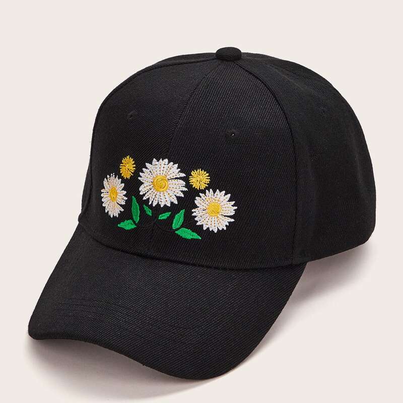 

Flower & Leaf Embroidery Baseball Cap, Black