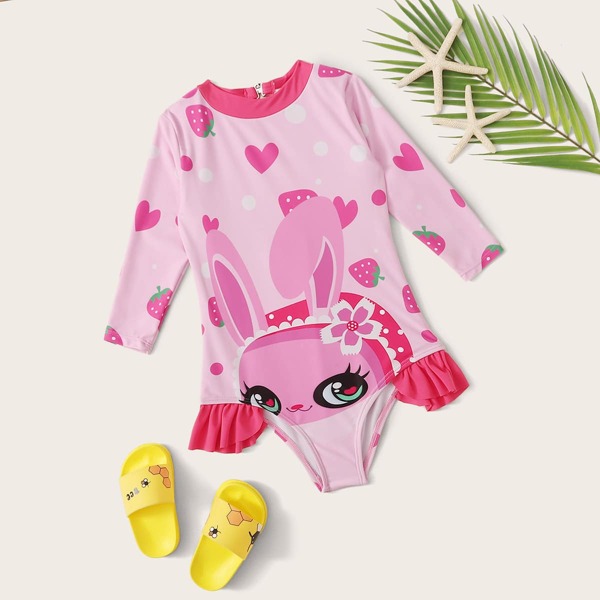 

Girls Cartoon Graphic Long Sleeve One Piece Swimwear, Pink