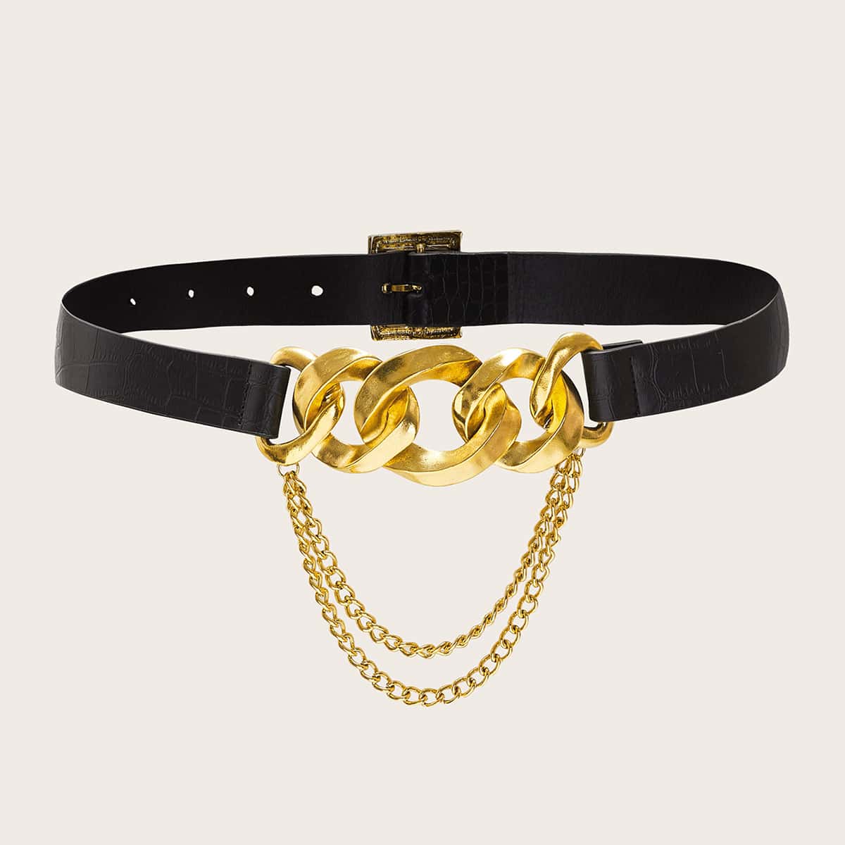 

Layered Chain Decor Buckle Belt, Black