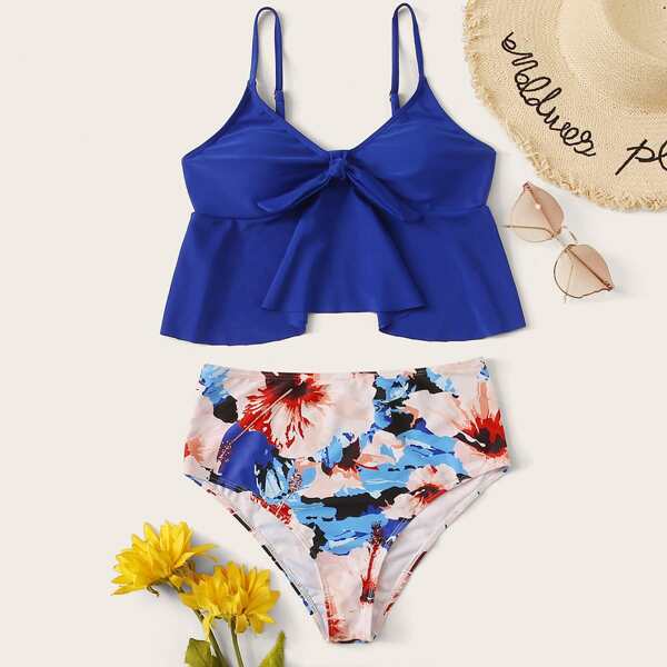 

Ruffle Trim Top With Floral Random Print Bikini, Multicolor