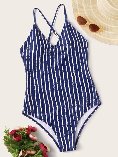 Striped Criss Cross One Piece Swimwear