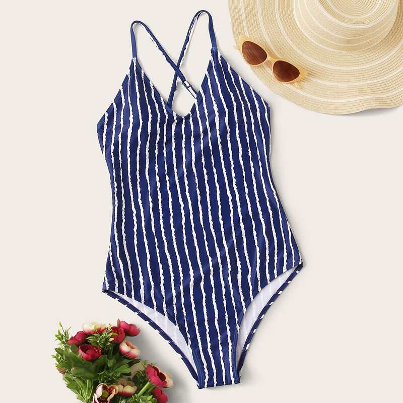 

Striped Criss Cross One Piece Swimwear, Blue