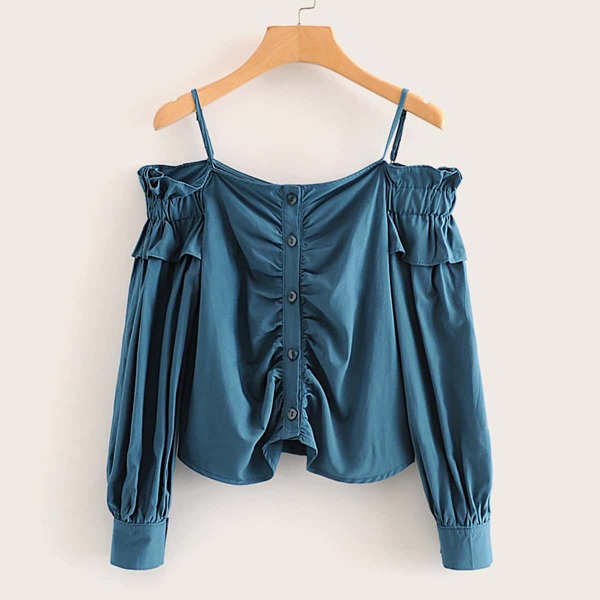 

Solid Cold Shoulder Ruched Blouse, Blue