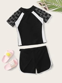 Girls Contrast Mesh Short Sleeve Top With Shorts Tankini - Black - View 1