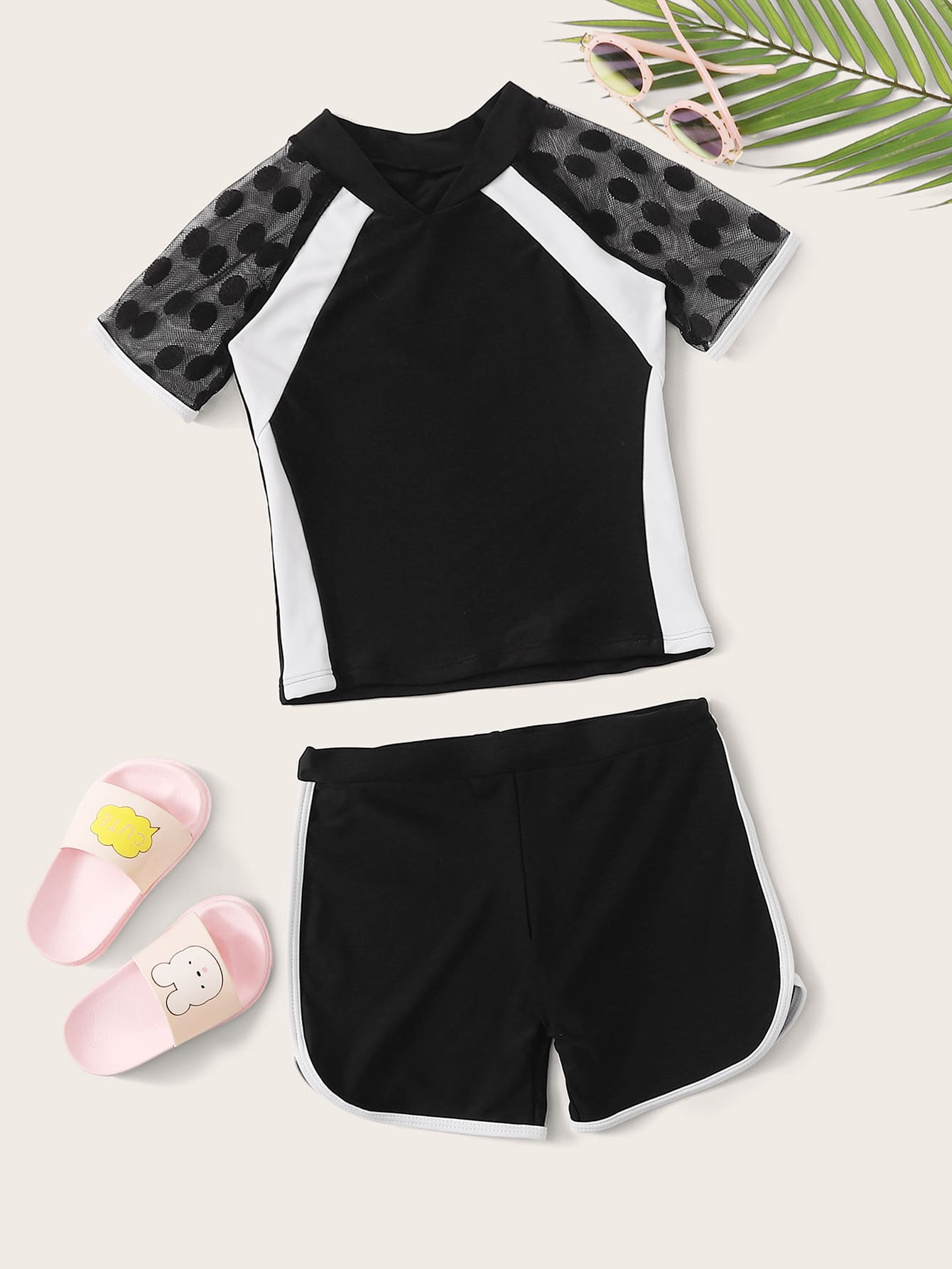 Girls Contrast Mesh Short Sleeve Top With Shorts Tankini - Black - View 1