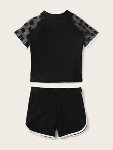 Girls Contrast Mesh Short Sleeve Top With Shorts Tankini - Black - View 2