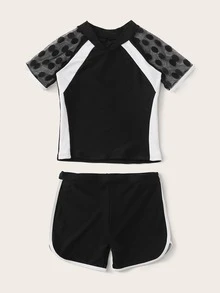 Girls Contrast Mesh Short Sleeve Top With Shorts Tankini - Black - View 3