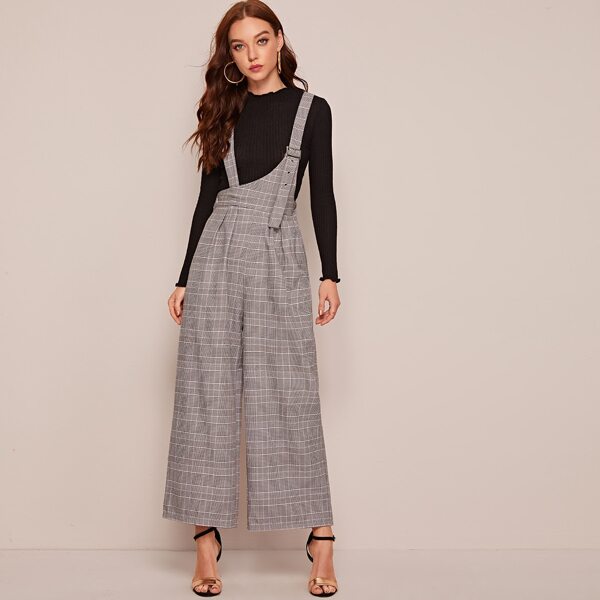 

Asymmetrical Waist Plaid Wide Leg Suspender Pants, Grey