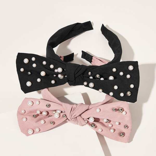 

2pcs Girls Faux Pearl Bow Knot Hair Hoop, Multicolor