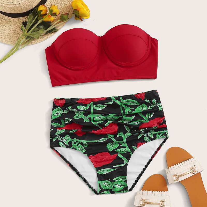 

Floral Underwire Bandeau High Waisted Bikini Swimsuit, Multicolor