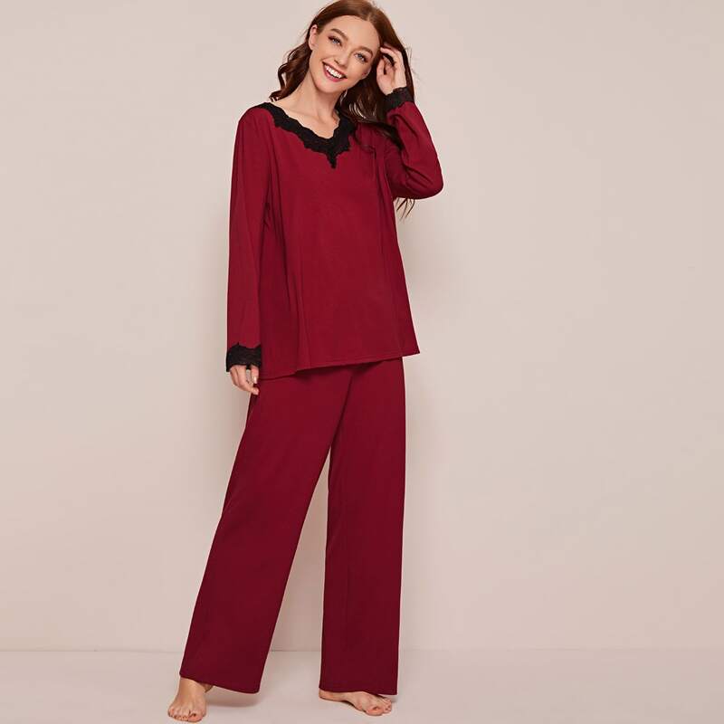 

Lace Trim Top & Wide Leg Pants PJ Set, Burgundy