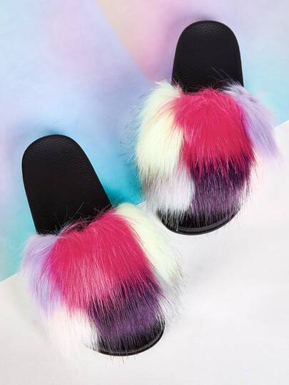 Faux Fur Decor Open Toe Sliders