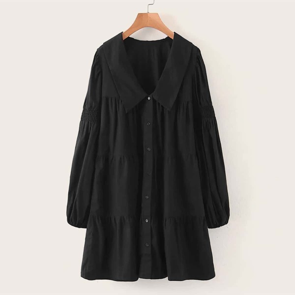 

Solid Button Through Shirt Dress, Black