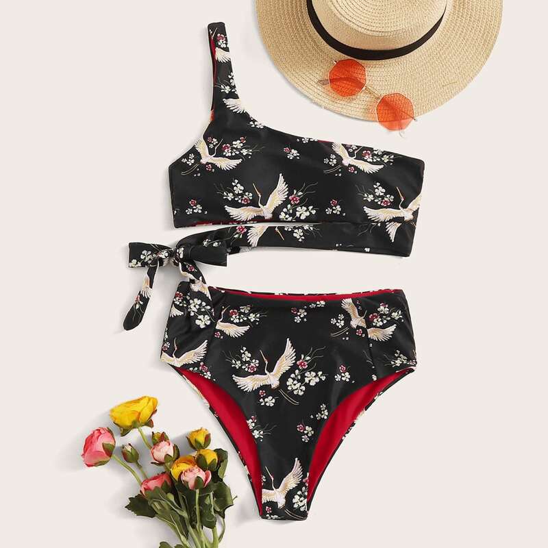 

Floral & Crane Random Print One Shoulder Bikini Set, Black