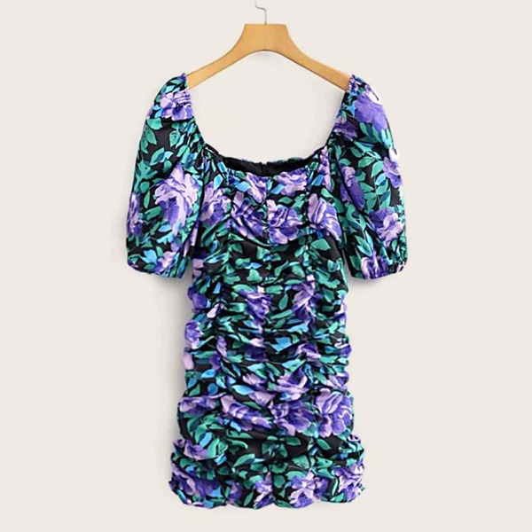 

Floral Print Ruched Puff Sleeve Dress, Multicolor