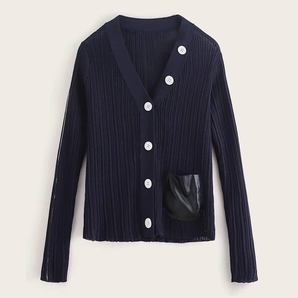 

Solid Button Up Ribbed Cardigan, Navy