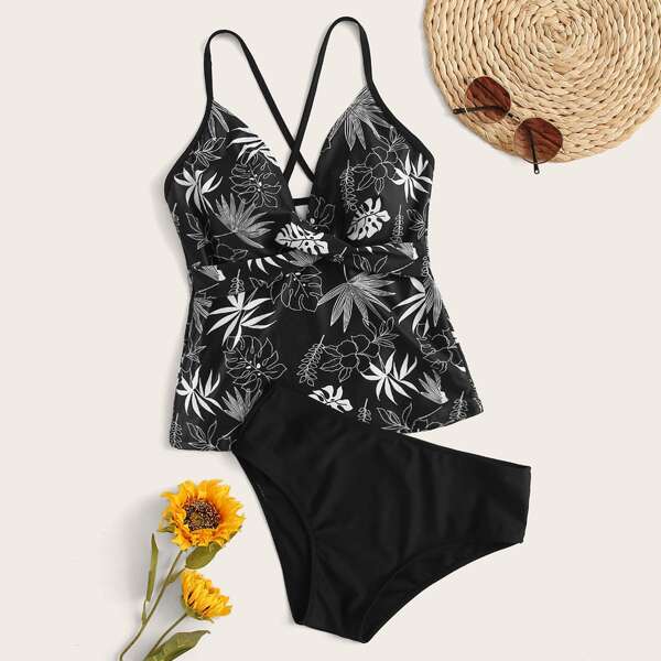 

Floral Random Print Criss Cross Tankini, Black