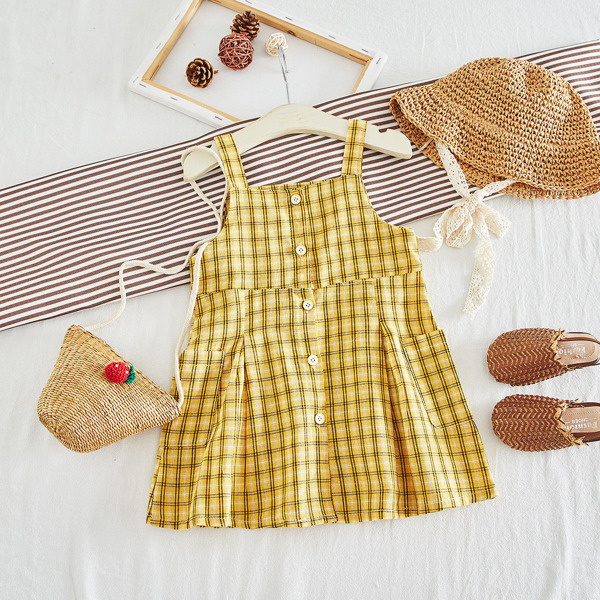 

Toddler Girls Plaid Button Front Cami Dress, Yellow