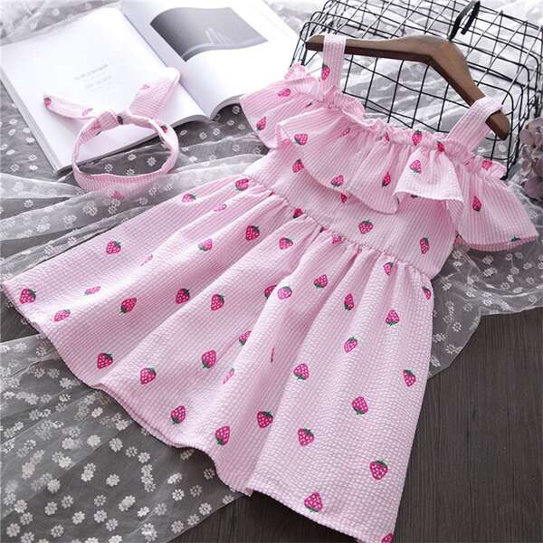 

Toddler Girls Strawberry Print Ruffle Trim Cami Dress & Headband, Pink