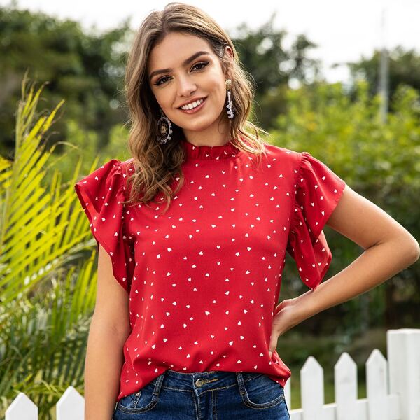 

Heart Print Ruffled Mock Neck Top, Red
