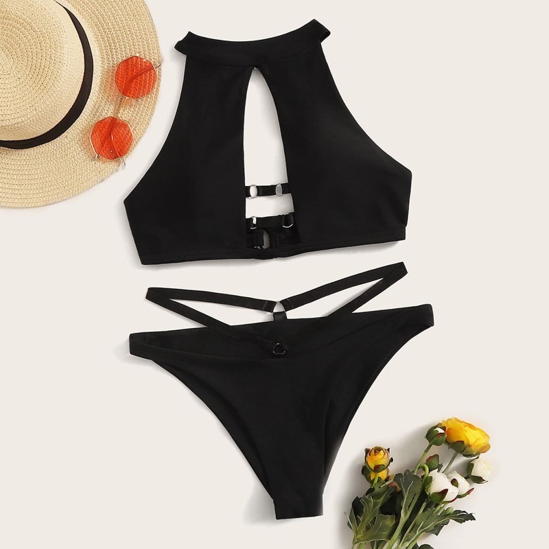 

Halter Top With High Cut Bikini Set, Black