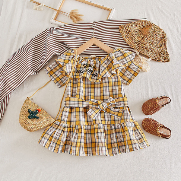 

Toddler Girls Letter Embroidery Tartan Smock Dress, Multicolor