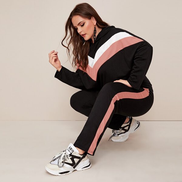 

Контрастная шевронная толстовка и спортивные брюки размера плюс, Чёрный