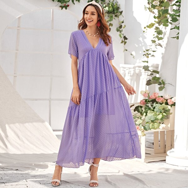 

Swiss Dot Deep V-neck Chiffon Smock Dress, Purple
