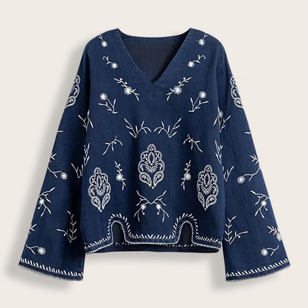 

Floral Embroidered V-Neck Denim Blouse, Navy