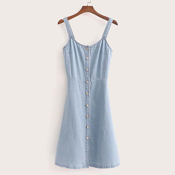 

Button Up Shirred Back Denim Cami Dress, Blue