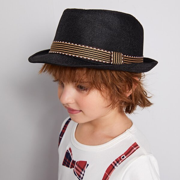 

Toddler Boys Striped Pattern Belt Decor Straw Hat, Black