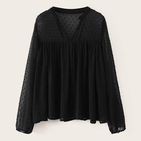 

Swiss Dot Notched Neck Chiffon Babydoll Blouse, Black