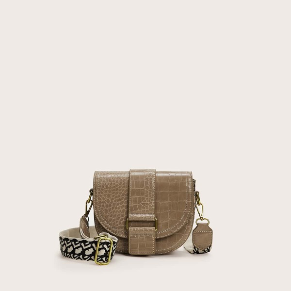 

Croc Embossed Saddle Bag With Wide Strap, Khaki